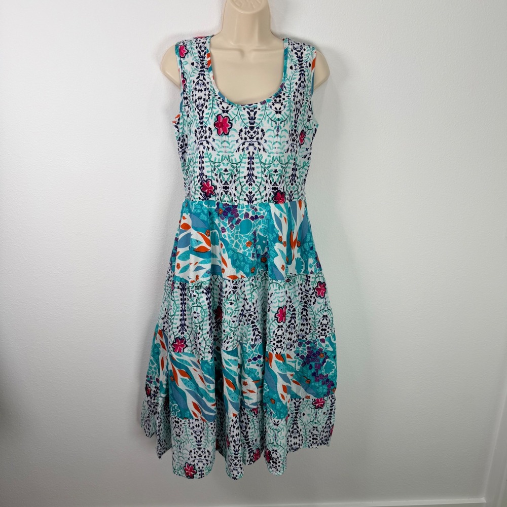 Modaposa Womens Floral Patchwork Cotton Sleeveless Sun Dress Turquoise Medium